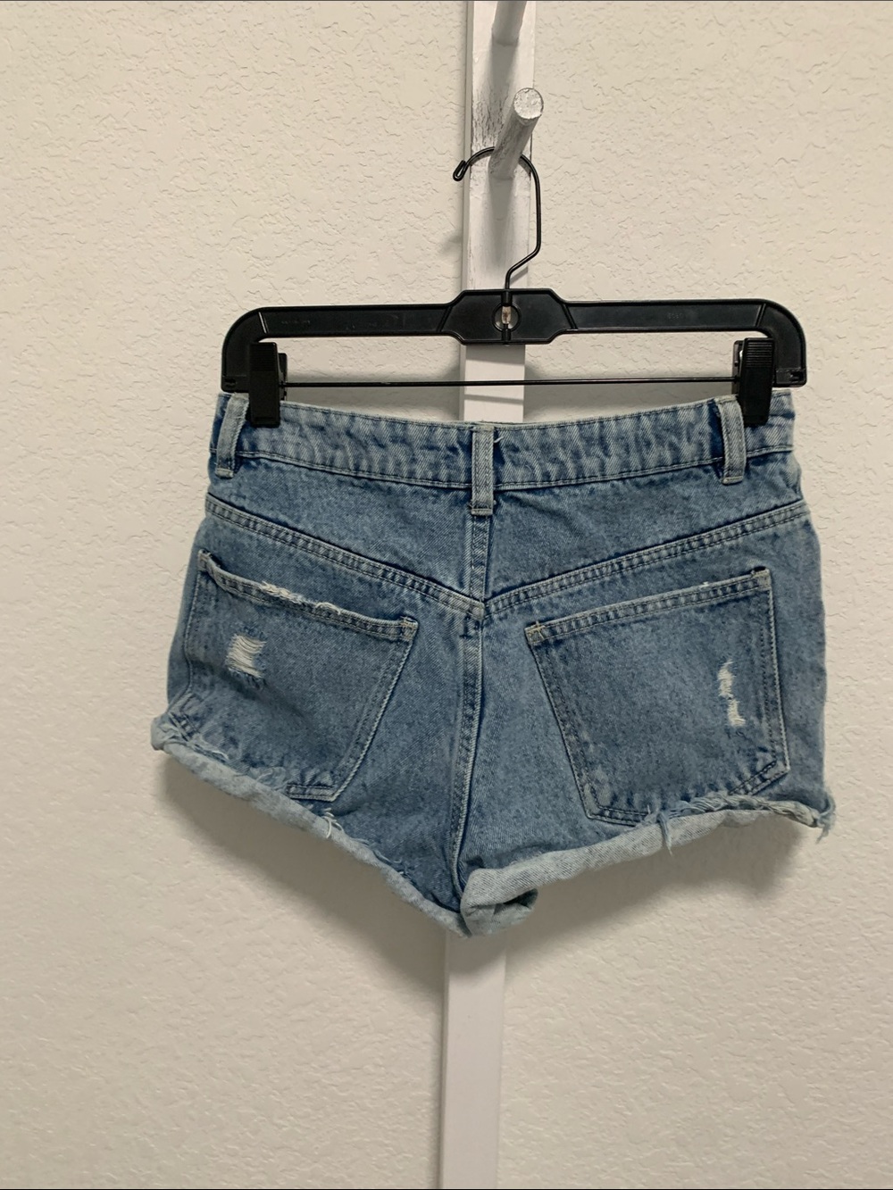 Streetwear Society Distressed Button Fly High-Waist Blue Denim Shorts - Picture 4 of 10